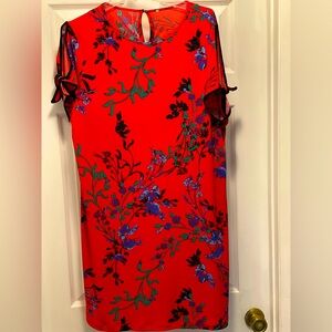 RED FLORAL SPANDEX KNOT TIE SLEEVE MIDI DRESS-SIZE XL